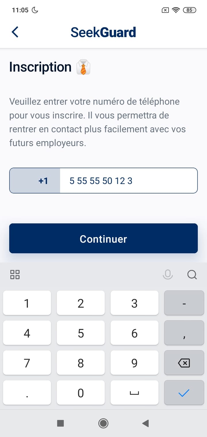 Rentrer son numero de telephone à l'inscription seekguard